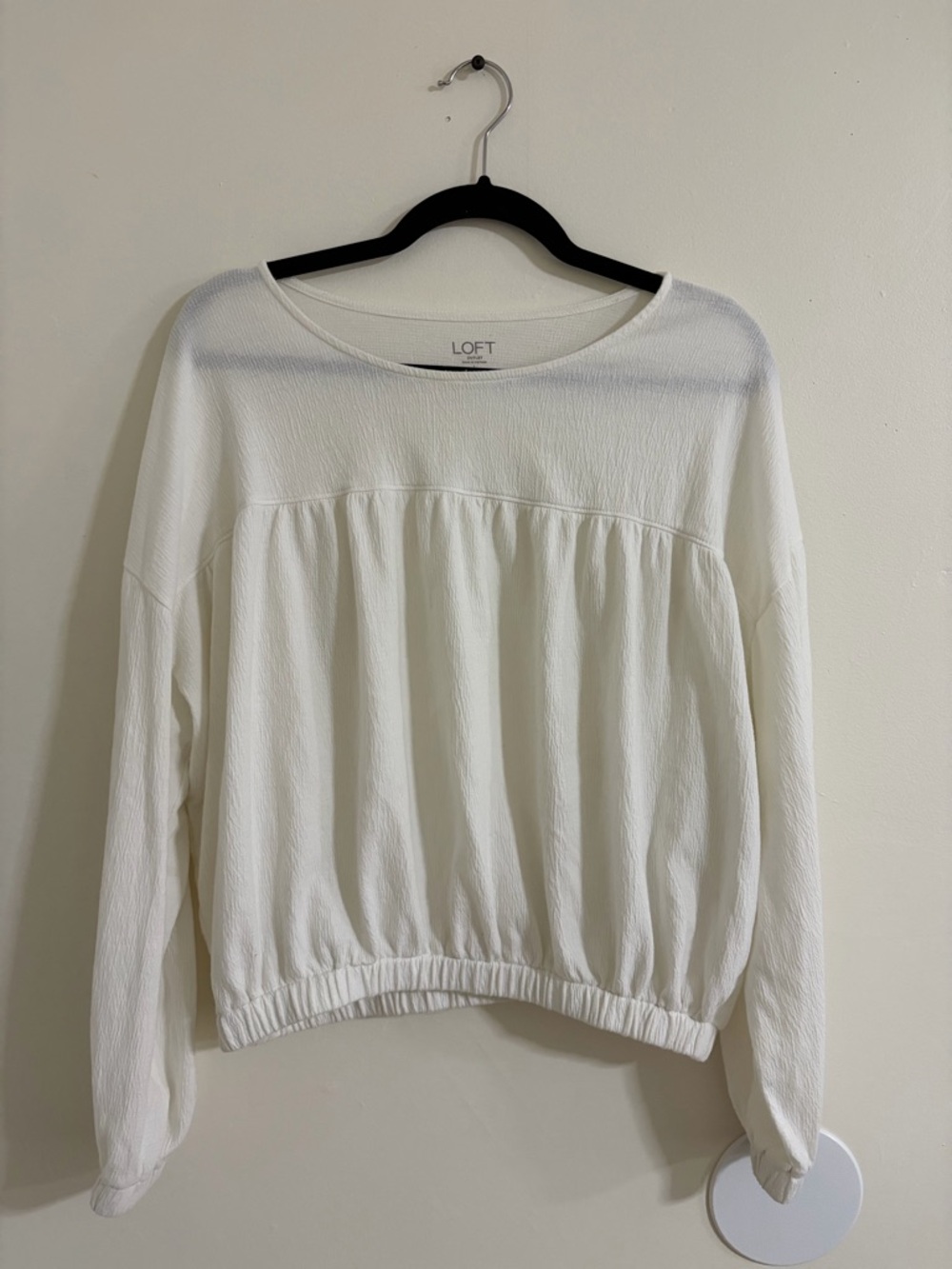 LOFT White Textured Long-Sleeve Pullover with Gathered Hem